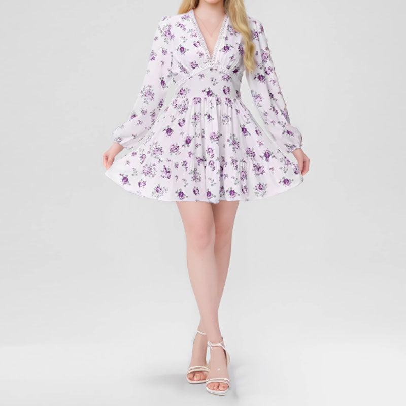 Floral Lace Short Dress With V-Neckline and Lantern Sleeves