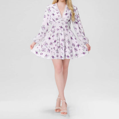 Floral Lace Short Dress With V-Neckline and Lantern Sleeves