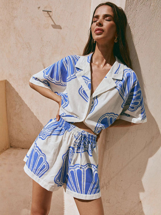 Elegant Floral Linen Short Set with 3/4 Sleeve