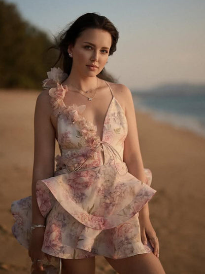 Floral Print V-Neck Backless Shift Dress