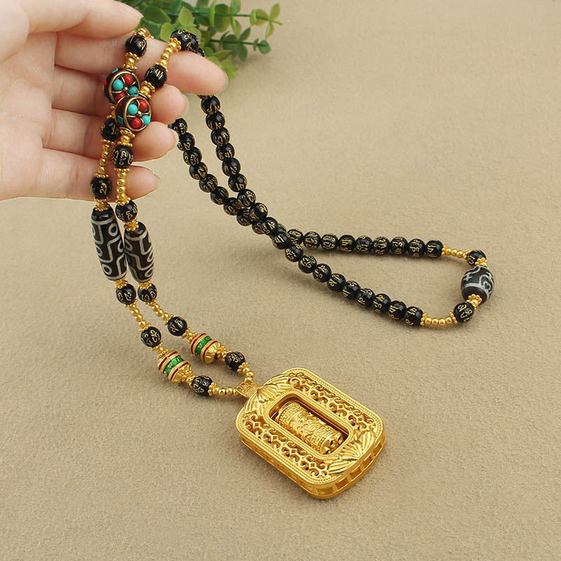 Sand Gold Pendant, Thangka With Chain, Removable Long Necklace, Six-Character Motto Agate Dzi Beads, High-End Retro Chain