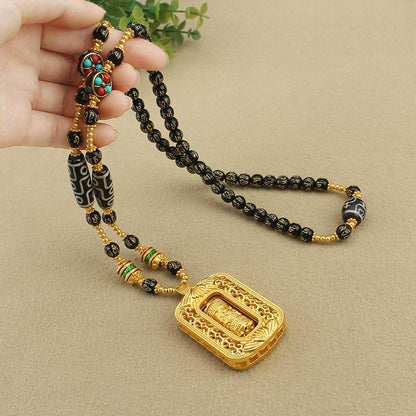 Sand Gold Pendant, Thangka With Chain, Removable Long Necklace, Six-Character Motto Agate Dzi Beads, High-End Retro Chain