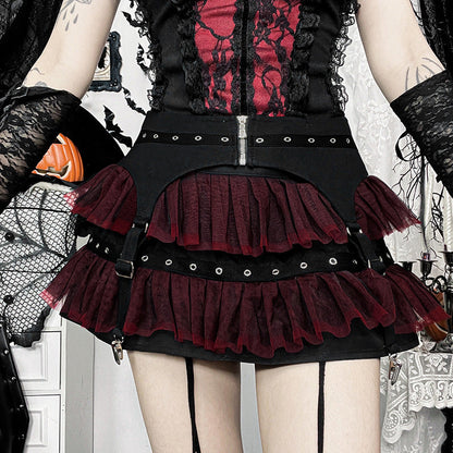 Black And Red Patchwork Tulle Midi Skirt For Women
