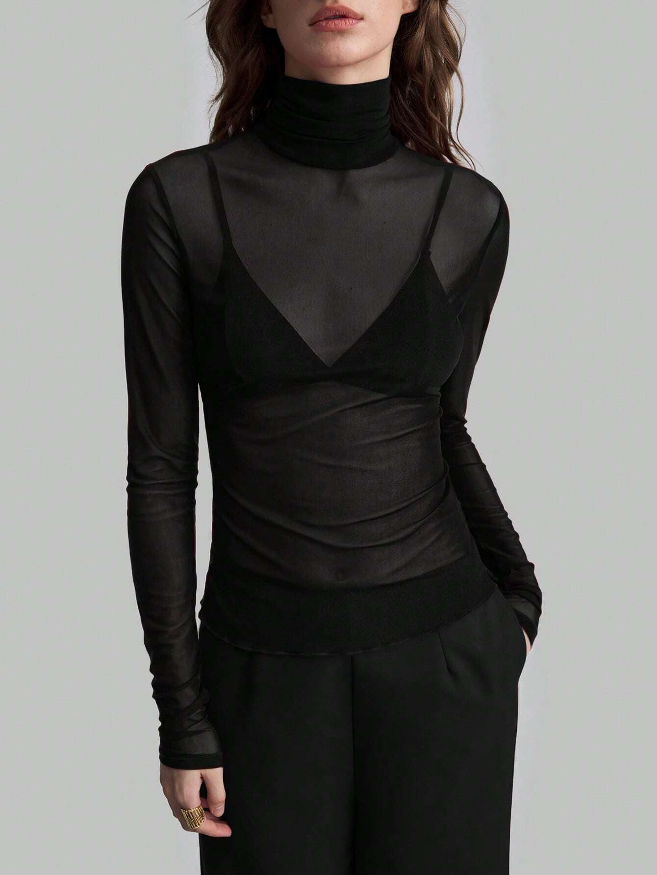 Mesh High Neck Long Sleeve Sheer Blouse