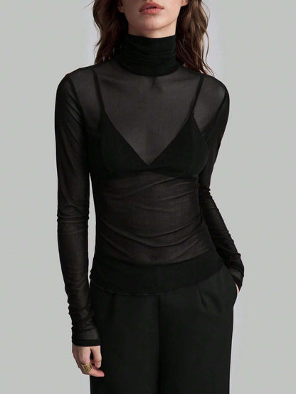 Mesh High Neck Long Sleeve Sheer Blouse