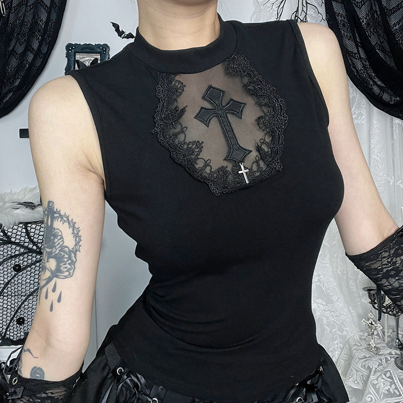 Gothic Cross Tank Top Sheer Fitted Tank