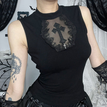 Gothic Cross Tank Top Sheer Fitted Tank