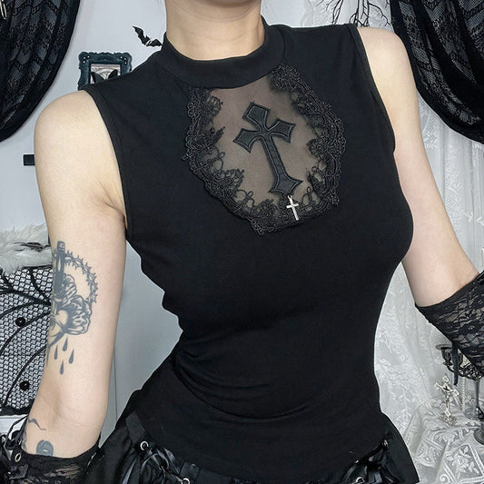 Gothic Cross Tank Top Sheer Fitted Tank