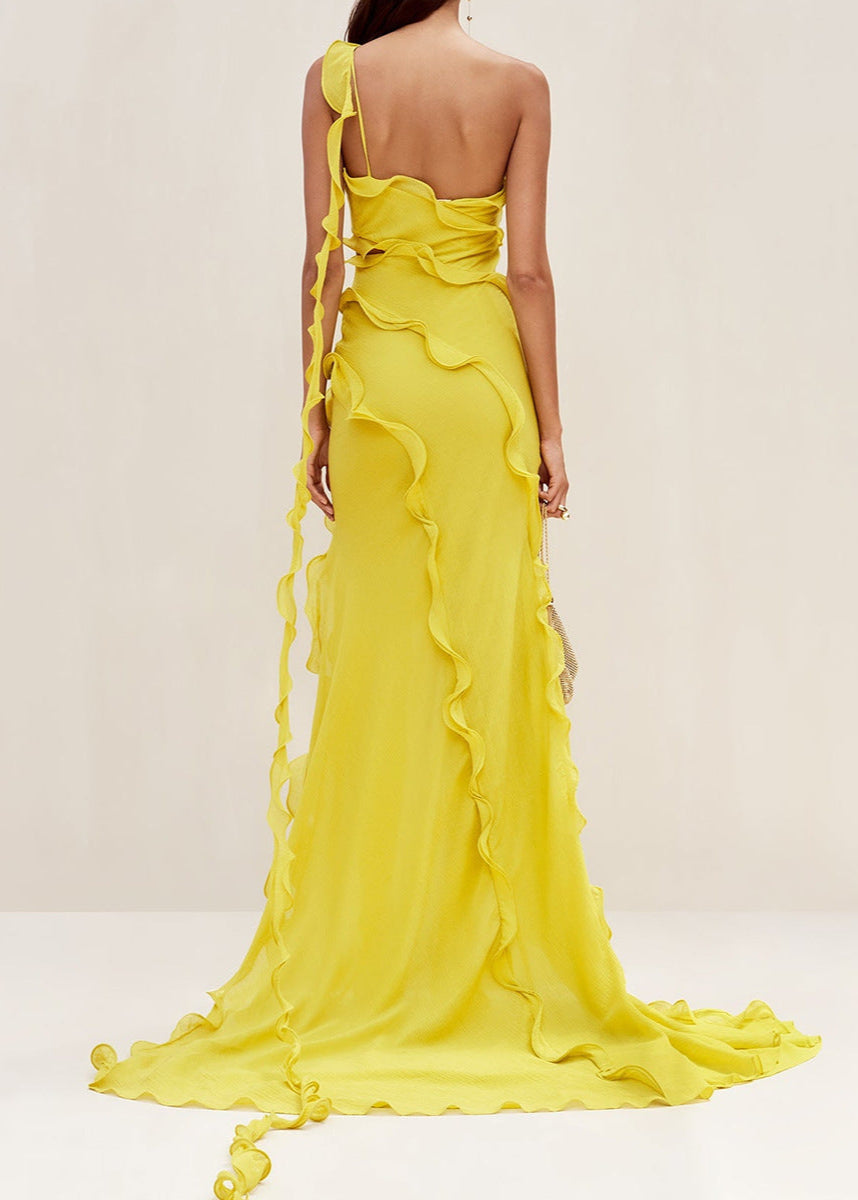 One Shoulder Ruffle Slit Chiffon Gown Yellow