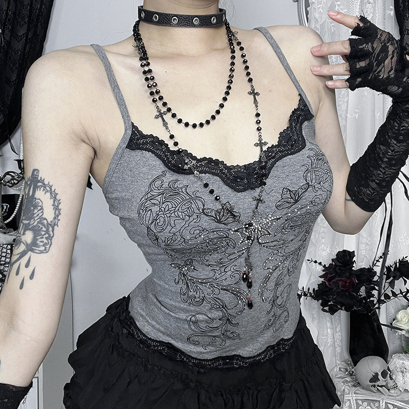 Butterfly Print Spaghetti Strap Tank Top Casual Elegant Goth Style