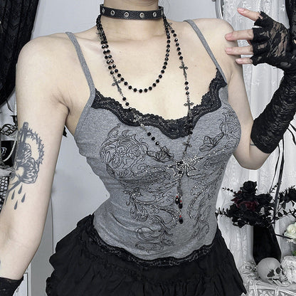 Butterfly Print Spaghetti Strap Tank Top Casual Elegant Goth Style