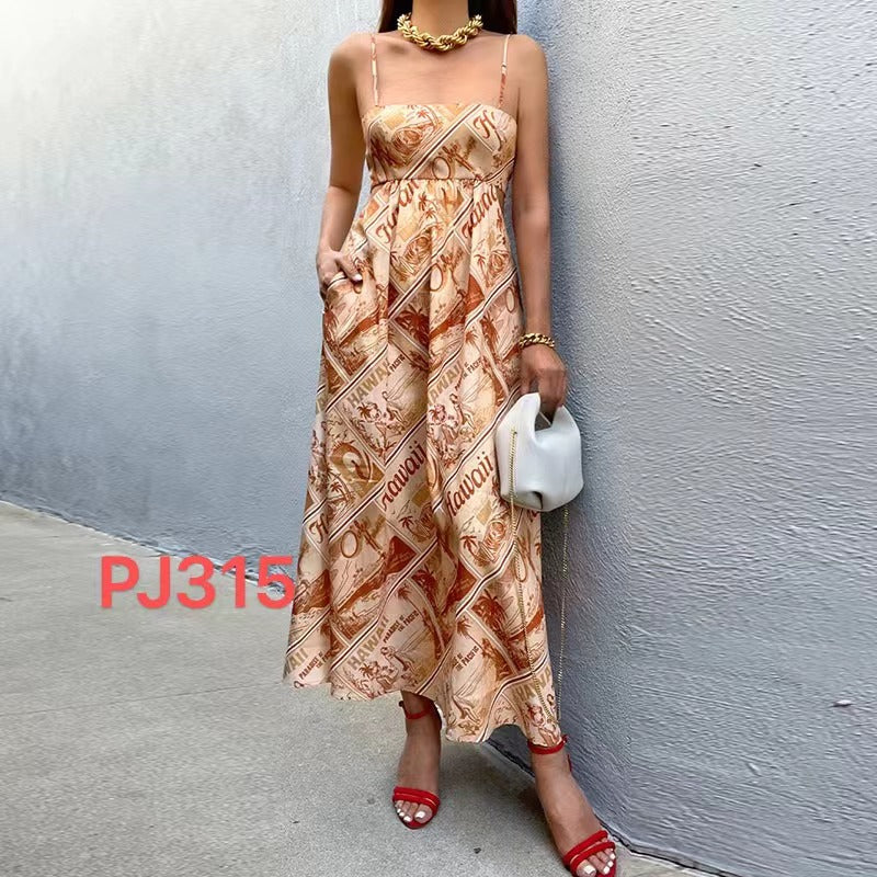 Women'S Summer Fashion Print Waist Suspender Dress