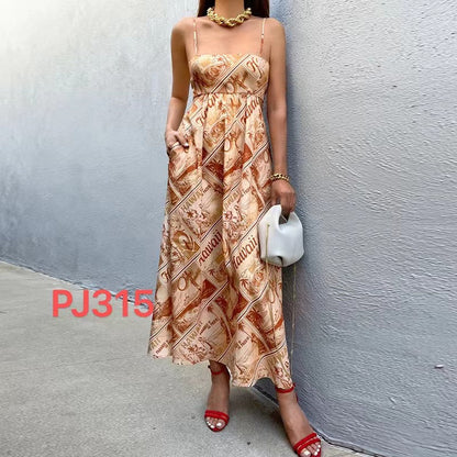 Women'S Summer Fashion Print Waist Suspender Dress