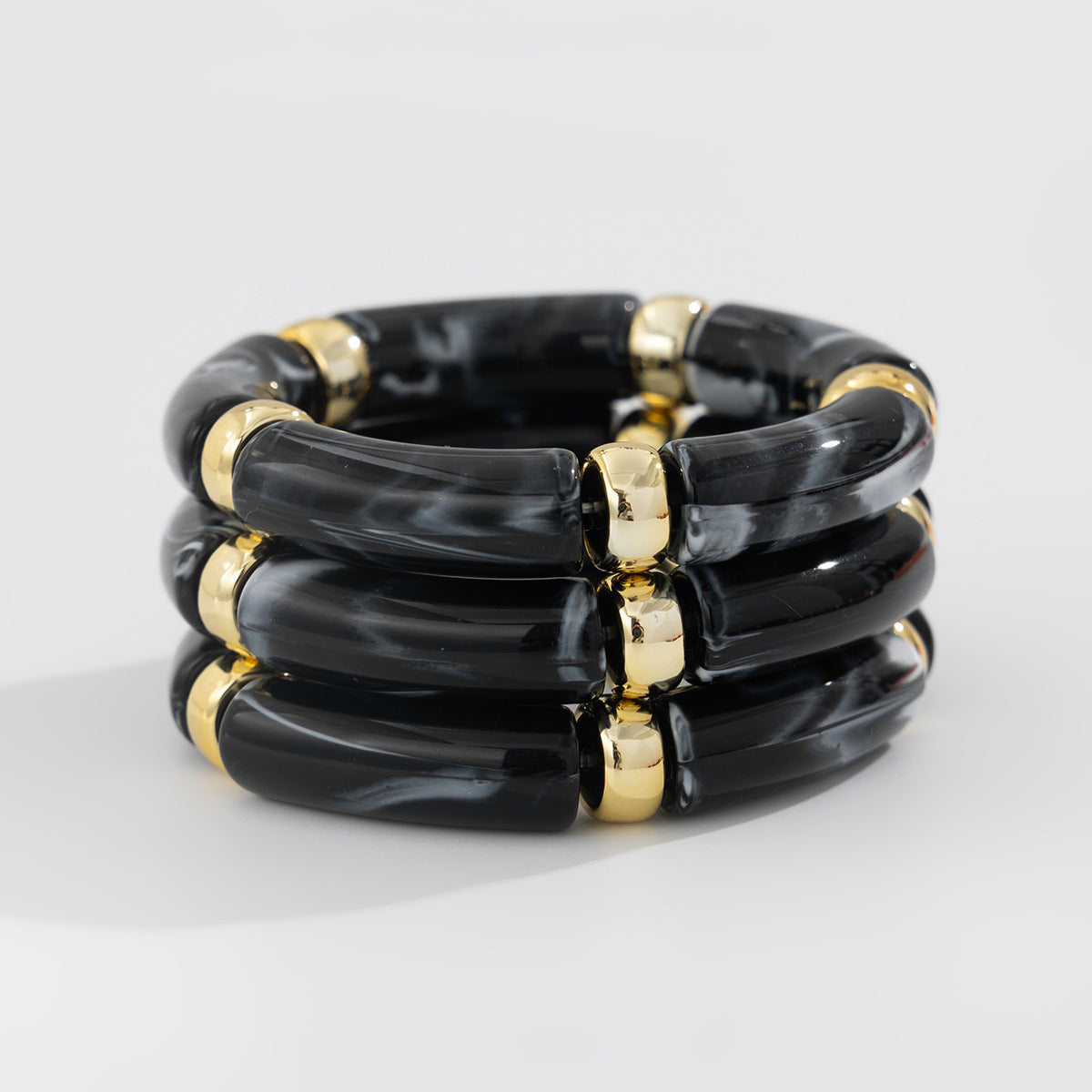 Trendy Beaded Bamboo Bracelets Set With Metallic Curved Tube Design