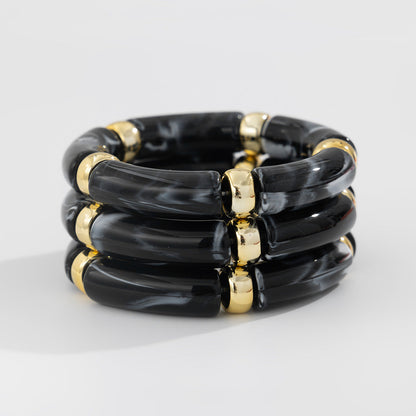 Trendy Beaded Bamboo Bracelets Set With Metallic Curved Tube Design