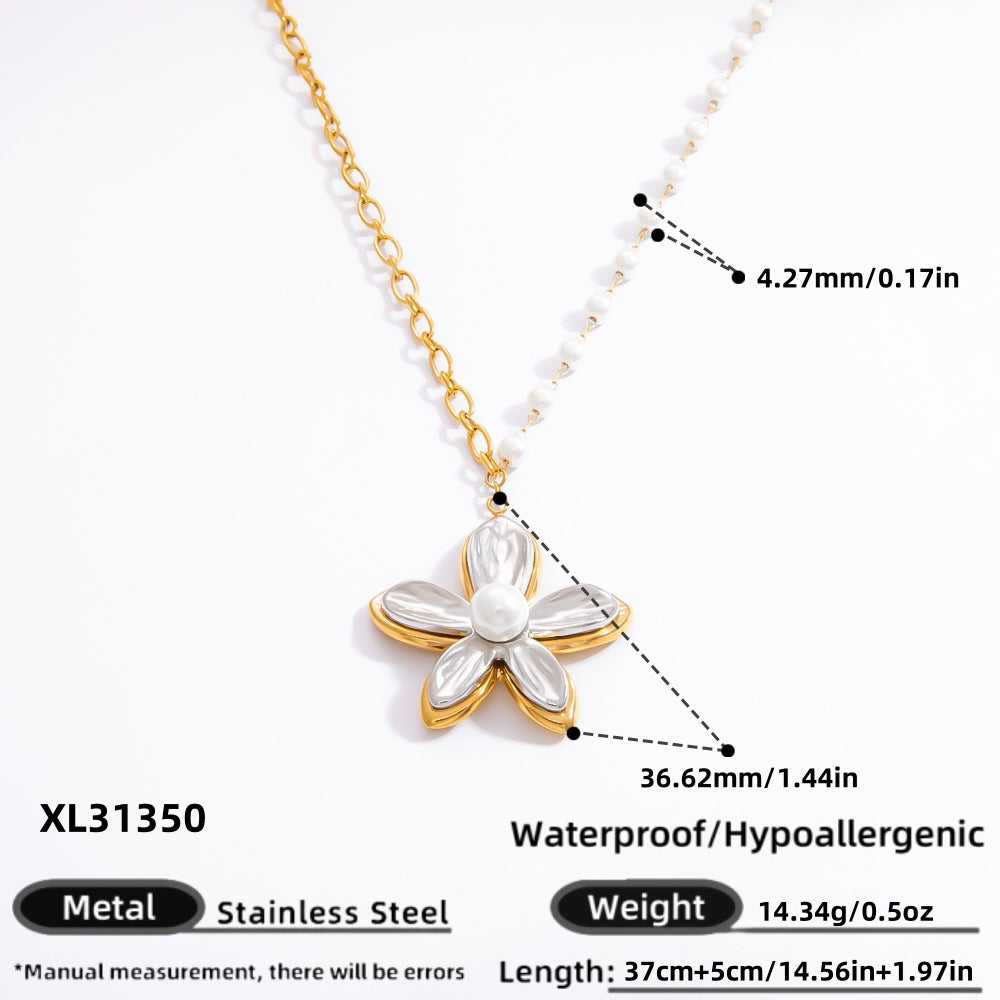 Geometric Pearl Pendant Necklace Stainless Steel 18K Gold Layered Design