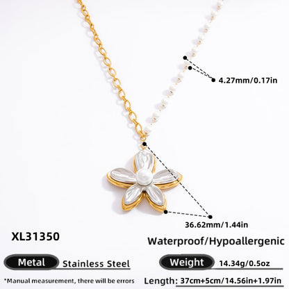 Geometric Pearl Pendant Necklace Stainless Steel 18K Gold Layered Design