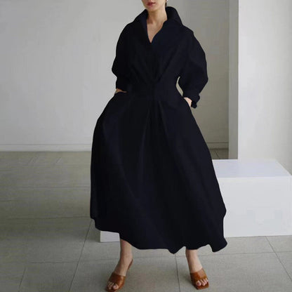 Cotton And Linen Net Color Lapel /Polo Collar Shirt Sleeve Elastic Waist Big Swing Dress