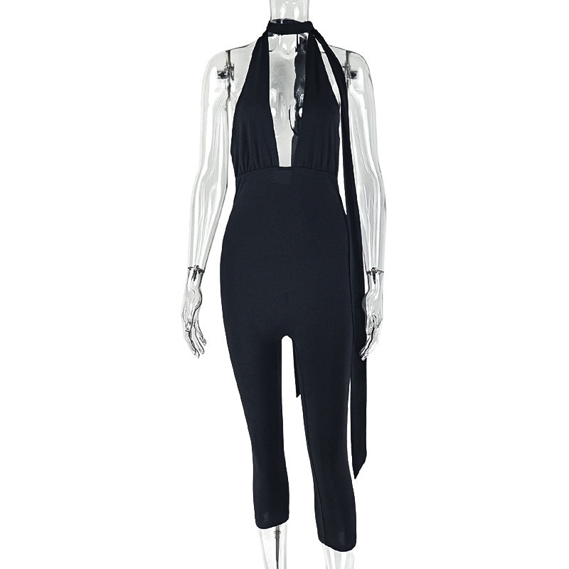 Trendy Casual Sleeveless Jumpsuit With V-Neck And Tie Detail