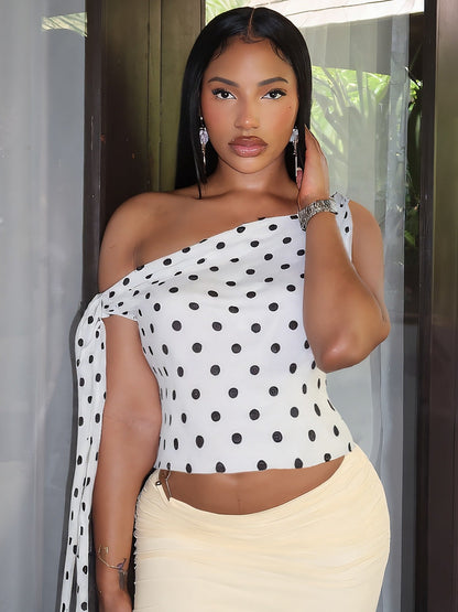 Trendy Polka Dot Off-Shoulder Tie T-Shirt for Women