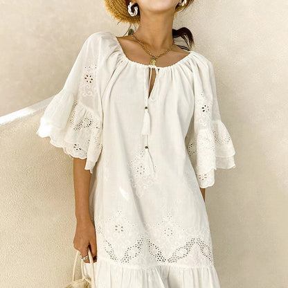 White Lace Midi Dress Elegant Casual Cotton Summer Dress