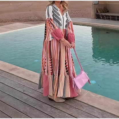 Vintage Floral Maxi Dress With Puff Sleeves For Casual Vacation
