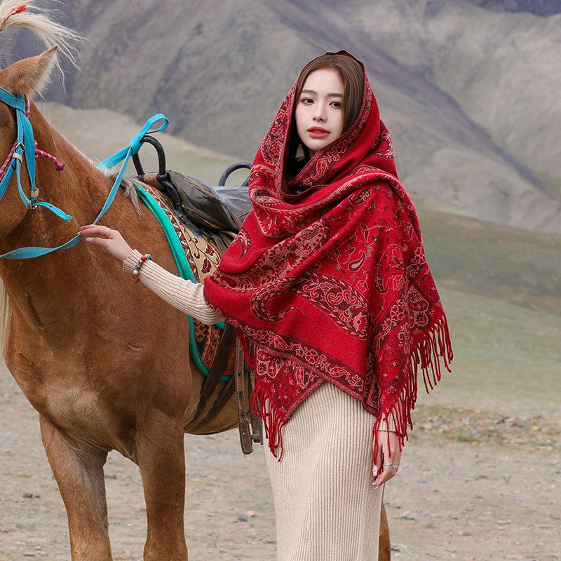 Red National Style Scarf Autumn And Winter Shawl