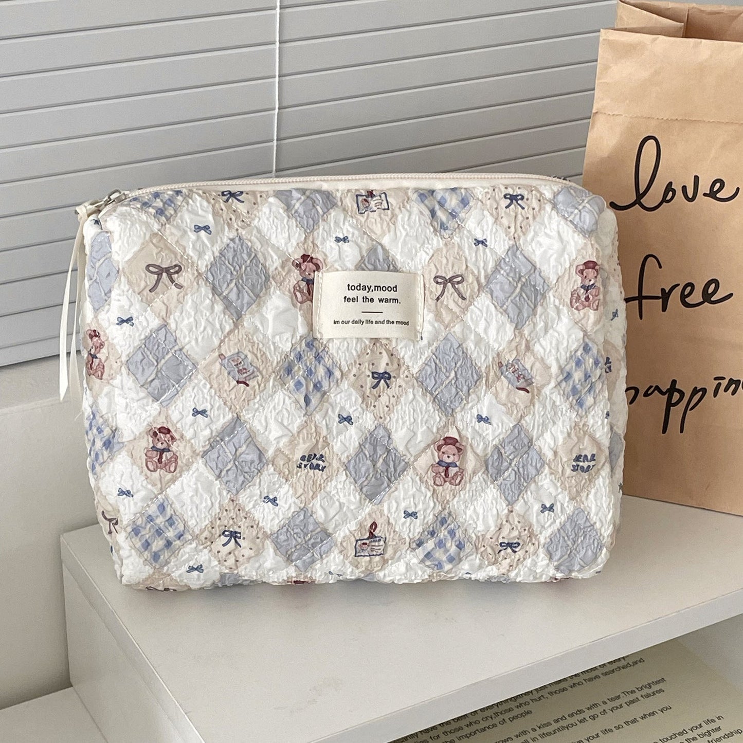 Trendy Quilted Teddy Bear Makeup Bag Portable Travel Organizer