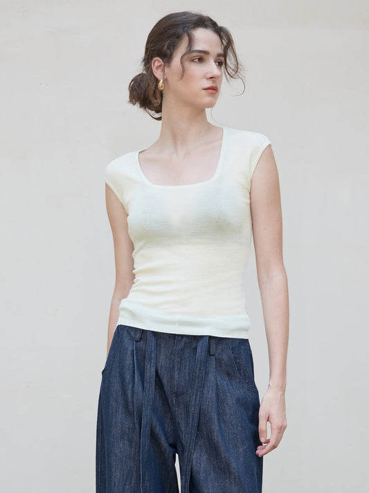 Feminine Square Neck Wool Blend Short Sleeve Top