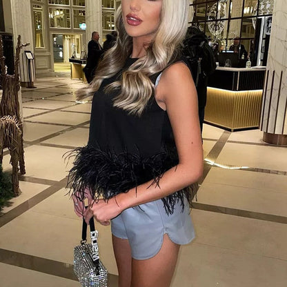 Back Zip Sleeveless Panel Feather Tank Top T-Shirt