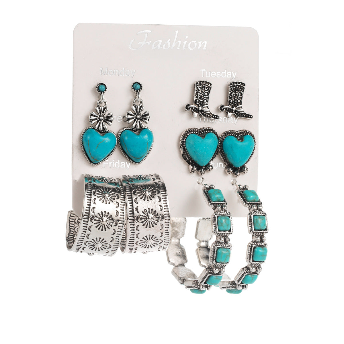 Vintage Heart-Shaped Turquoise Earrings Set, Retro Style