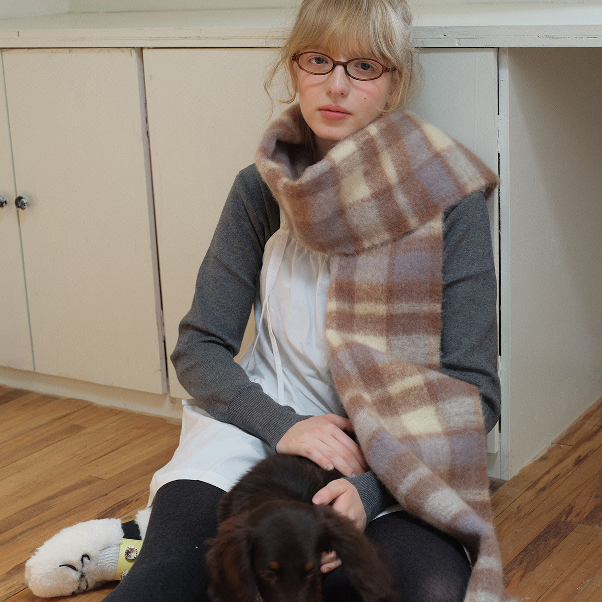 Plaid Wool Blend Scarf with Fringes for Women