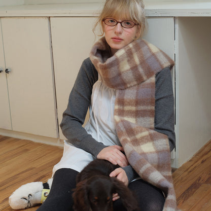 Plaid Wool Blend Scarf with Fringes for Women
