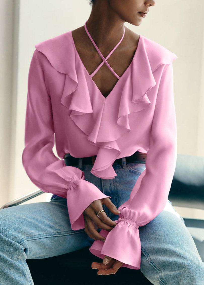 Ruffled Halter Blouse In Soft Pink Fabric