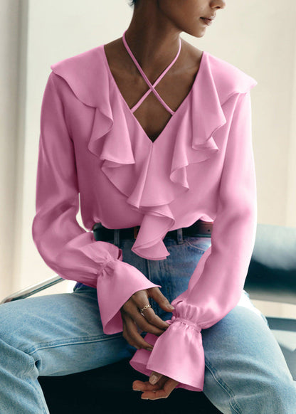 Ruffled Halter Blouse In Soft Pink Fabric