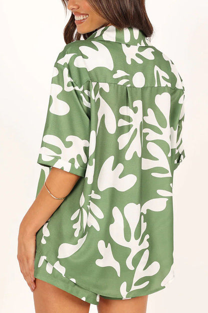 Women'S Clothing New Lapel Printed Short Top+Shorts Set