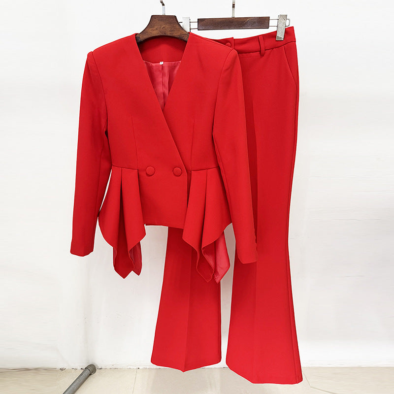 Elegant Ruffled Top & Flared Pants Set - Style