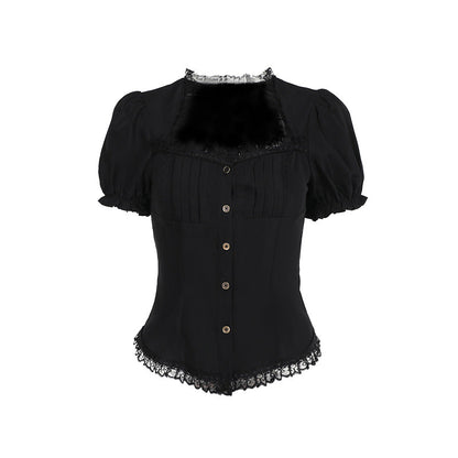 Vintage Lace Trim Short Sleeve Blouse for Ladies
