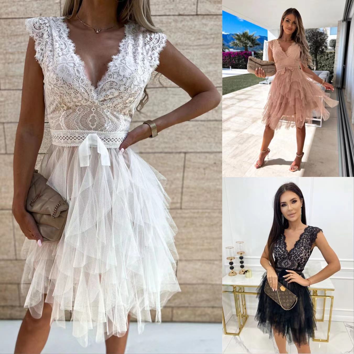 Elegant V-Neck Lace Trim Sleeveless Party Dress