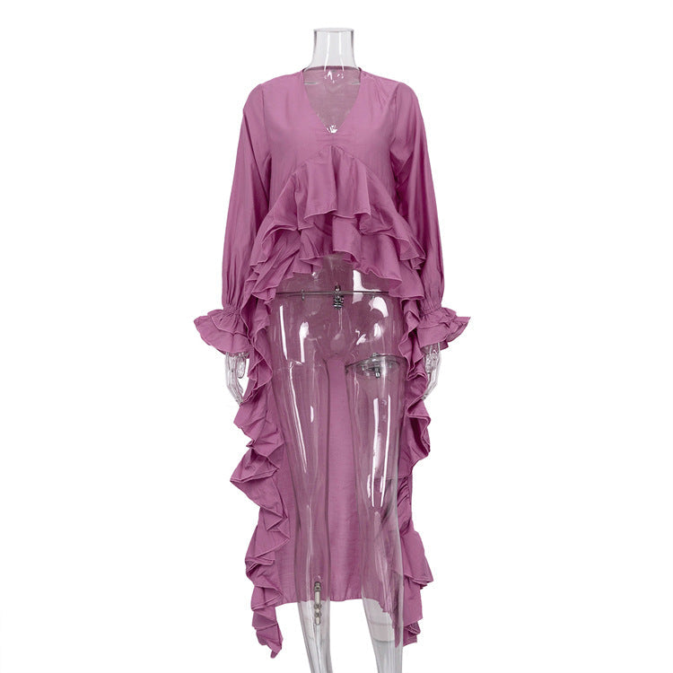 Ruffled Edge V-Neck Blouse with Bell Sleeves