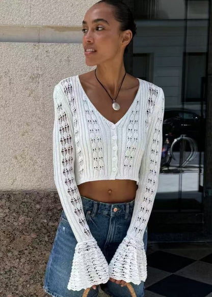 Open Knit Acrylic Cropped Cardigan With Buttons