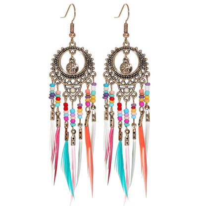 Bohemian Feather Tassel Earrings Vintage Geometric Design