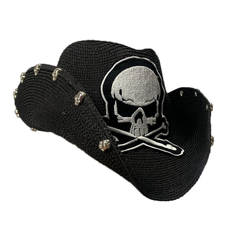 Black Paper Straw Cowboy Hat With Skull Design
