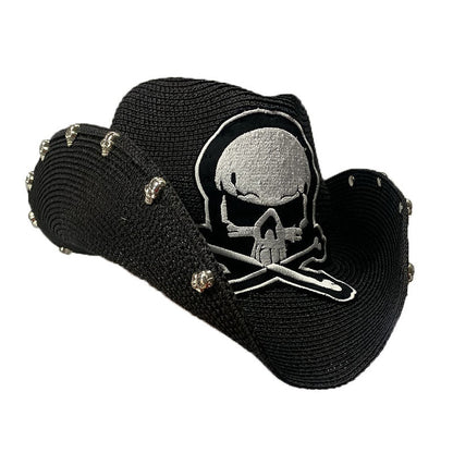 Black Paper Straw Cowboy Hat With Skull Design