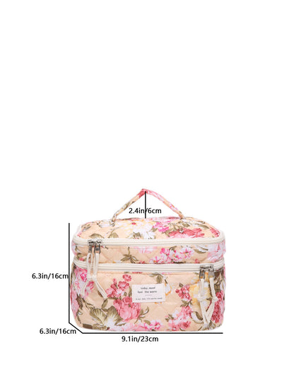 Flower Print Large Capacity Quilted Makeup Bag