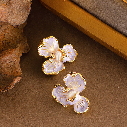 French Elegant Flower Pearl Stud Earrings For Women