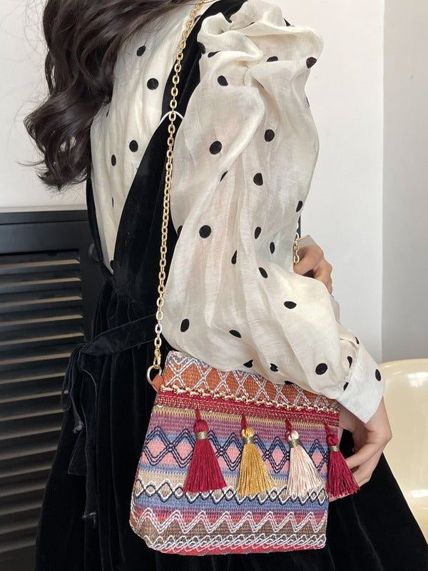 Trendy Woven Fringe Shoulder Bag Cotton
