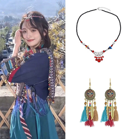 Ethnic Style Tibetan Headwear, Forehead Chain, Turquoise Tassel, Earrings, Hair Accessories