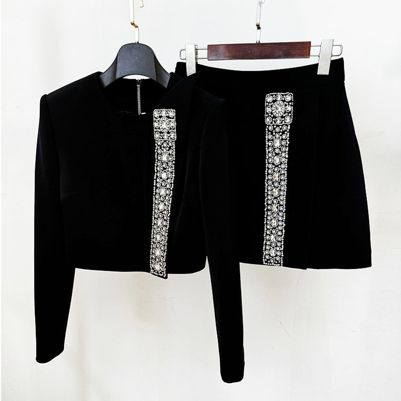 Trendy Black Beaded Jewel-Embellished 2-Piece Skirt Set