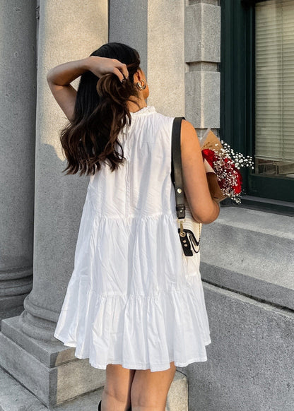 Sleeveless Mini Dress Lightweight Fabric Ruffle Neckline